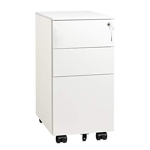 DEVAISE Slim File Cabinet with Lock, 3 Drawer Mobile Filing Cabinet for Legal/Letter/A4 Size, Fully Assembled Except Wheels, White - color: White, size: 17"D x 12"W x 24"H