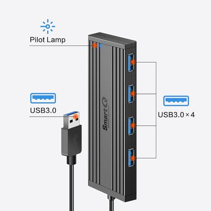 4-Port USB 3.0 Ultra-Thin Data Hub, High-Speed USB Port Expander for Laptop, MacBook, iMac, Surface Pro, XPS, Flash Drives, Mobile HDD, Printers, and More (Slim USB Hub - 4 ft)