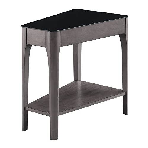 Leick Home Obsidian End Table, Solid Wood, Narrow Wedge Shape, Glass Tabletop, Bottom Display Shelf, Easy Assemlby, Smoke Gray/Black, 24.0 in. L x 17.0 in. W x 24.0 in. H, 11102-GR - color: Burnished Smoke Gray