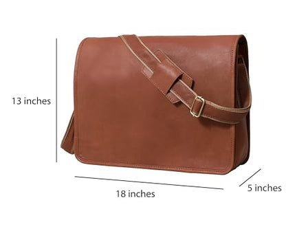 18 inch Leather Full Flap Messenger Handmade Bag Laptop Bag Satchel Bag Padded Messenger Bag School Brown (Brown)