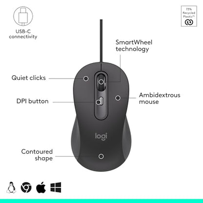 Logitech Signature Wired M520 L Optical Mouse for Business - Graphite | For Business, Optical, Plug-and-Play, Windows, Mac, Chrome, PC, Laptops