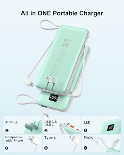 Portable Charger 10000mAh Power Bank w/Built-in 3 Cables & AC Wall Plug | 22.5W Fast Charging, Pass Through Charging, 0.68in Ultra Slim, TSA Approved, Travel Essential for iPhone/Samsung/iPad - color: Green