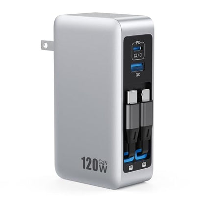 120W USB C Charger Block with 2 Built-in Retractable Cables,4-in-1 GaN IV Foldable Plug Wall Charger Fast Charging Station,PD 65W Laptop Adapter for MacBook/iPad,iPhone 17/16/15/14,Galaxy,Android etc - color: A-Silver