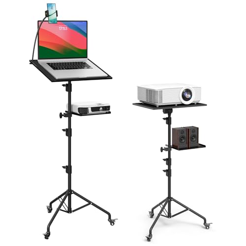 Projector Stand Tripod Laptop Tripod with Wheels & Adjustable Height Portable Podium Stand with Phone Holder Projector Holder for Home, Office, School & DJ Matte Black