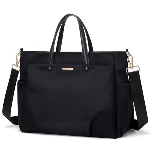 14 Inch Laptop Tote Bag for Women, Lightweight Nylon Work Shoulder Bag, Water-Resistant Computer Handbag with Pockets for Business Travel & Commute (Black) - color: Black, size: 14 Inch