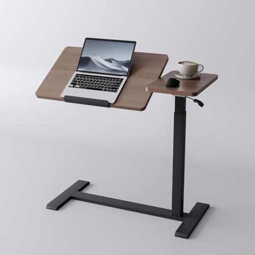 Adjustable Overbed Bedside Table with Wheels Pneumatic Mobile Standing Laptop Desk Rolling Computer Cart Movable Couch Desk Hospital Home Use, Walnut - color: Walnut