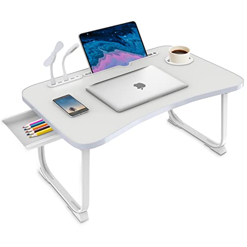Fayquaze Laptop Bed Desk, Portable Foldable Lap Bed Table with USB Charge Port Storage Drawer and Cup Holder,Lap Desk Laptop Stand Tray Table Serving Tray for Eating, Reading and Working - color: White