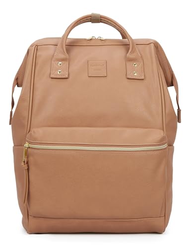 Kah&Kee Leather Laptop Backpack for Women 16 inch Teacher Work Travel Bag | Premium water-resistant PU leather. Fits 15.6″ & 16″ laptops. Anti-theft pocket, luggage strap. Ideal for daily commute. - color: Tan Pink, size: Large