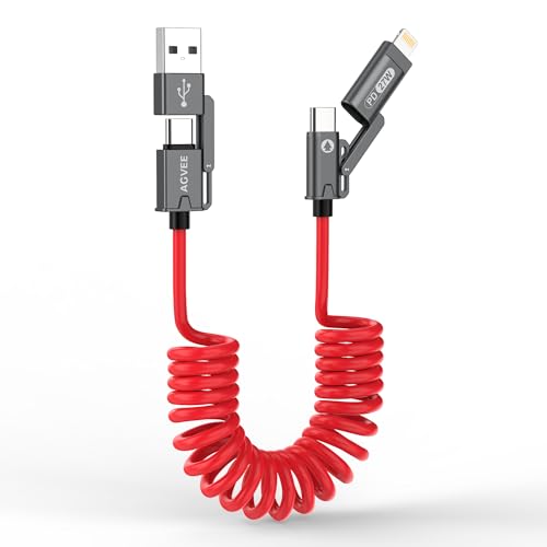 AGVEE 5ft 4-in-1 Coiled Multi Charging Charger Data Transfer Cable | Secure-Slide No-Loss Adapters, Slim Tips Fit Thick Cases, Lightning End Reinforced, PD 60W for iPhone Carplay, Android Auto - color: Red, size: 5ft, style: 4 in 1