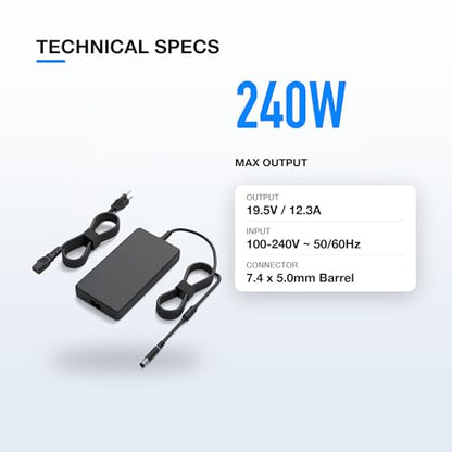 240W Laptop Charger for Dell Alienware, 7.4mm Round Tip, 19.5V 12.3A