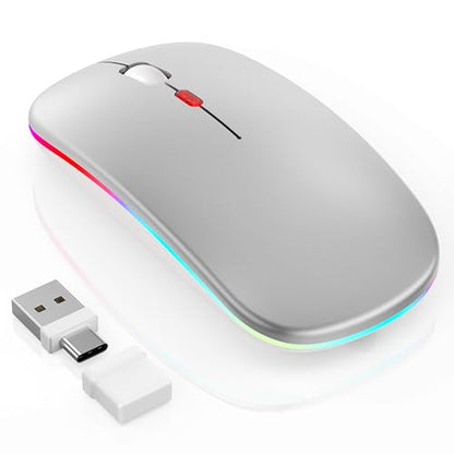 Gizdot-R1 LED Mouse for MacBook Air/iPad/Laptop, Silver | MacBook Air/iPad/Laptop Compatible, Silent Mouse with USB-C, Built-in Mouse Jiggler, 4-Mode - color: Silver