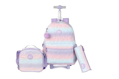 Rolling Backpack 17 inch with Lunch Bag Wheeled Laptop Backpack with wheels(QUILTED PURPLE) - color: Quilted Purple
