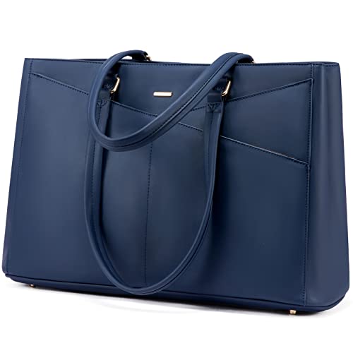 LOVEVOOK Laptop Tote Bag for Women 15.6 Inch Waterproof Leather Computer Bags Women Business Office Work Bag Briefcase,Navy Blue | Fits 15.6 Inch Laptop, Waterproof Front Pocket, Shoulder Strap, Large Purse for Business Office Work, Navy Blue - color: Nav