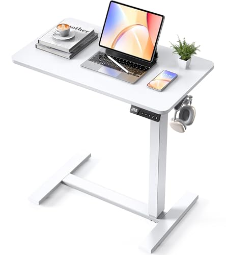 28"x 16" Electric Overbed Table, Rolling Laptop Desk for Bed, White | Height Adjustable Bedside Desk with Hidden Wheels, Mobile Standing Desk for Sofa, Home Office & Hospital Use - color: White, size: 28x16 Inch