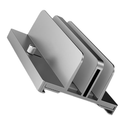 Mikinona Aluminum Alloy Vertical Laptop Stand and Tablet Rack Adjustable Width Dual-Slot Holder Space-Saving Organizer for Desk Workstation Gray