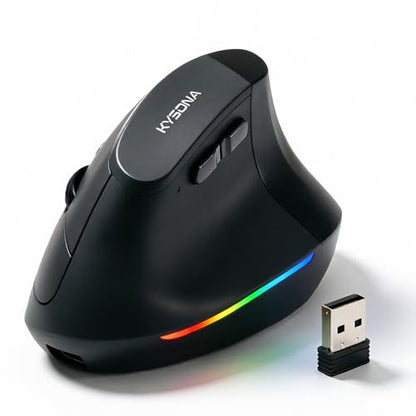Wireless Ergonomic Mouse, Rechargeable Bluetooth Vertical Mouse for Laptop/Computer/Ipad/Mac, Quiet Click, 10 Color LED, 5 Adjustable DPI, Wrist Strain Relief, USB-A Optical Mice for M/L Hands, Black