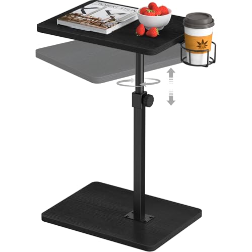 Giikin Side Table, 360 Swivel & Height Adjustable TV Trays for Eating on Couch, Sofa Armrest TV Tray Table with Cup Holder for Small Spaces, C-Shaped, Black, 11.8" D x 15.8" W x 31" H - color: Black