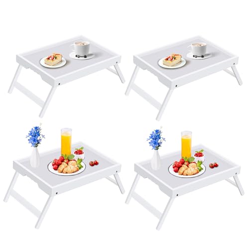 Bed Tray Table with Folding Legs, Breakfast Food Trays for Eating on Couch, Snacking and Working, Used As Laptop Desk Snack Tray (4 Pack, White Color) - color: White, size: Medium(Pack of 4)