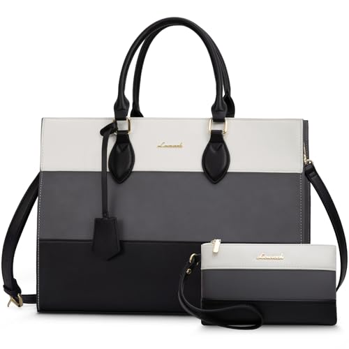 LOVEVOOK Laptop Tote Bag for Women, Work Totes Business Office Computer Briefcase with Clutch Purse - color: Black-white-grey, size: 15.6 inch