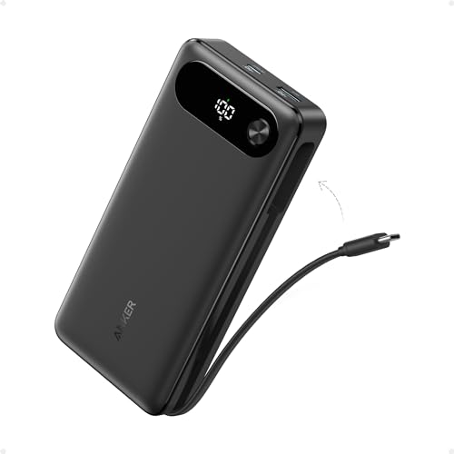Anker Power Bank, 20,000mAh Travel Essential Portable Charger with Built-in USB-C Cable, 3-Port 87W Max Fast Charging Battery Pack, for MacBook, iPhone 16/15 Series, Samsung, Switch, and More - color: Black
