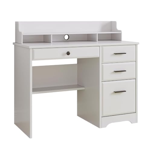 4 EVER WINNER White Desk with Drawers, 44 Inch Small Computer Desk with File Drawer and Monitor Stand, Wood Desk with Storage Shelf for Small Spaces, Living Room, Bedroom, White - color: Pure White