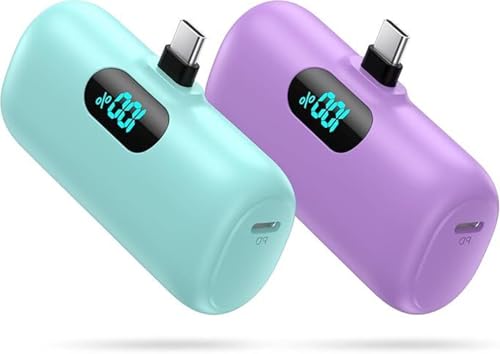 [2 Pack]Small Portable Charger for iPhone 17/16/15 Series,5000mAh 3A PD USB C Power Bank, Mini Travel Essentials Battery Pack for iPhone 17/17 Pro/16/16 Plus/16 Pro/15 Pro Max,Samsung,Android/LG etc - color: Purple+green, size: 5000mah