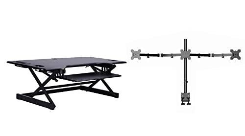 Rocelco 46" Standing Desk Converter with AC USB Charger and Triple Monitor Mount Arm - Height Adjustable Sit Stand Up Three Screen Riser Workstation - Keyboard Tray - Black (R DADRB-46-ACUSB-DM3) - color: Black Acusb, size: 46", style: Riser+Triple Mount