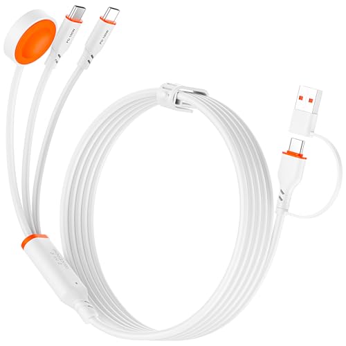 Travel Essentials 3 in 2 Multi Charging Cable 100W USB A/C to Dual USB C/for Apple Watch Charging Cable Silicone Fast Charge Compatible with iPhone 17-15 Series iPad MacBook, Type-C Devices 5FT-White - color: White