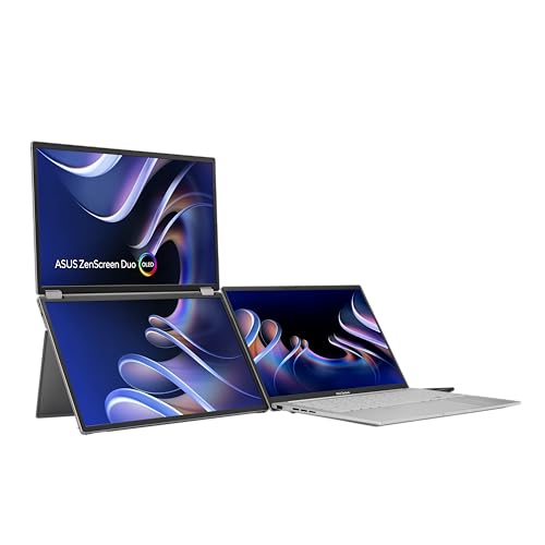 ASUS ZenScreen Duo OLED 360° Foldable Portable Monitor (MQ149CD) - Dual 14-inch, 16:10, 1920x1200, DisplayHDR400 True Black, 100% DCI-P3, Delta<2, Dual USB-C, Mini-HDMI, Kickstand, 3 yr Warranty - style: 14" Duo OLED Fodable USB-C