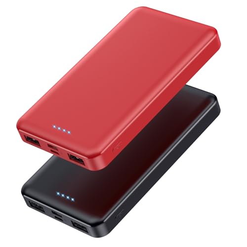 [2 Pack] Portable Charger Power Bank 10000mAh,Ultra Slim Compact External Battery Pack with USB C Input & Dual USB Outputs Backup Charger Compatible with iPhone 13,12, Samsung S20,Tablet-Black+Red - color: Black+Red, size: 10000mAh