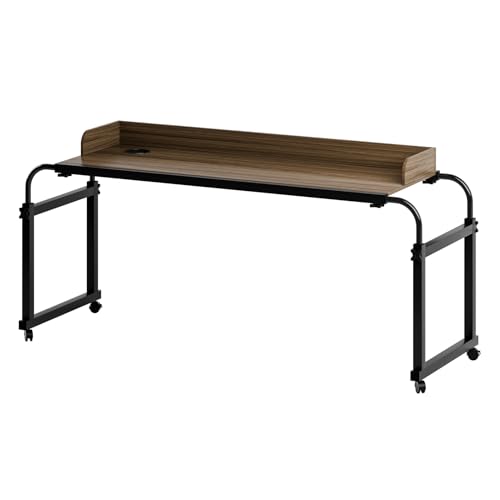 King Size Over Bed Table with Wheels - Width & Height Adjustable, Rolling Over-the-Bed Laptop Desk with Raised Baffle, Cup Holder, Home Office Bedroom Hospital Workstation Table Black 47.24''