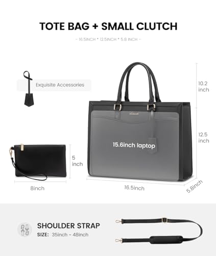 LOVEVOOK Laptop Tote Bag for Women, Leather Office Work Bag Briefcase fit for 15.6 inch Laptop, Large Teacher Computer Bag Handbag,2pcs Set Leather/Black | PU Leather Business Briefcase Teacher Travel College Bag Handbag fit for 15.6 inch Laptop, Office P