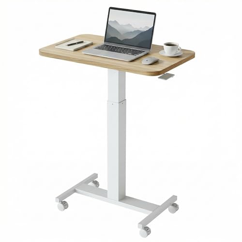 HUANUO Small Rolling Laptop Standing Desk, Height Adjustable Mobile T-Base Desk with Lockable Casters, Portable Sit-Stand Workstation for Bedside & Sofa, Light Walunt - color: Light Walnut