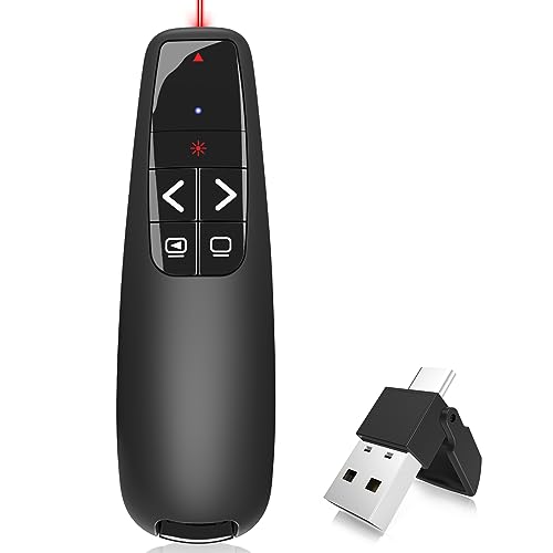 Wireless Presentation Clicker PowerPoint Presenter Remote : USB Type C Clicker with Red Laser Pointer Long Range PPT Control -Power Point Google Slide Advancer for Mac Laptop PC Computer Keynote - style: Red Light