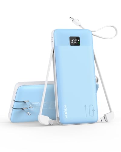 Portable Charger 10000mAh Power Bank w/Built-in 3 Cables & AC Wall Plug | 22.5W Fast Charging, Pass Through Charging, 0.68in Ultra Slim, TSA Approved, Travel Essential for iPhone/Samsung/iPad, Blue - color: Blue