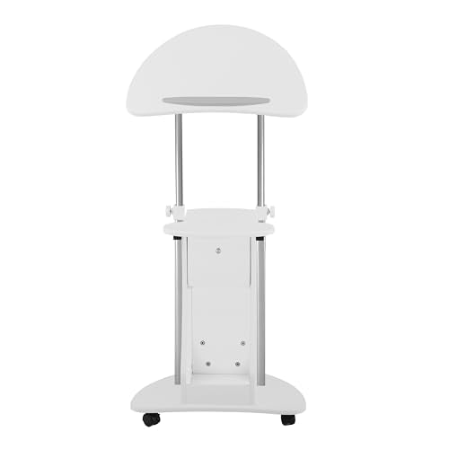Techni Mobili Adjustable Height Rolling Laptop Cart with Storage, White | Adjustable height rolling laptop cart with storage, open shelf, wheels, sit‑to‑stand ideal for podium office medical use - color: White