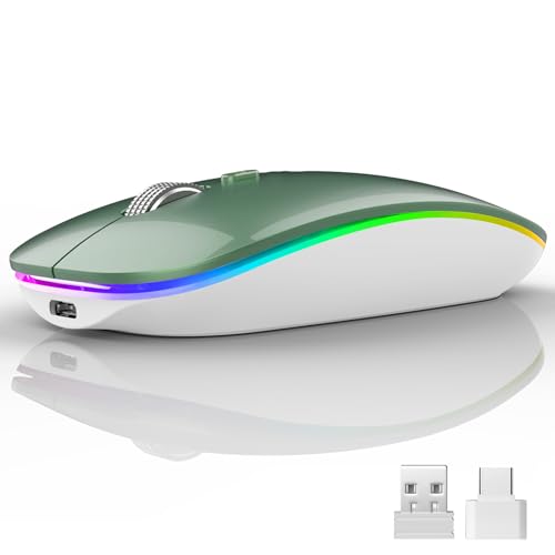Uiosmuph LED Wireless Mouse, G12 Slim Rechargeable Silent Mouse - Green | 2.4GHz Optical, USB C Charging, Quiet Click, LED, Portable, 1600DPI, USB Receiver, Type C Adapter, Cordless, for Laptop/Mac - color: Blacklish Green