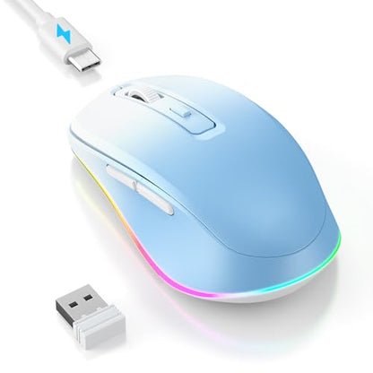 PEIOUS Wireless Mouse Jiggler - LED Wireless Mice with Build-in Mouse Mover, Rechargeable Moving Mouse for Laptop with Undetectable Random Movement Keeps Computers Awake - Blue to White - color: Blue to White