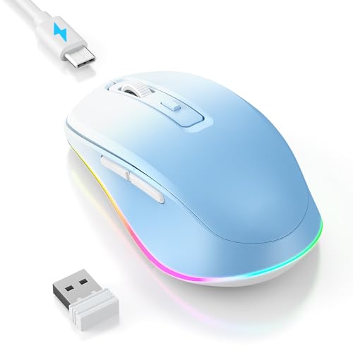 PEIOUS Wireless Mouse Jiggler - Keep Computers Awake, Blue to White | Rechargeable LED Mouse, Silent Clicks, Adjustable DPI and Random Movement Keep Computers Awake for Laptop/PC/Mac - color: Blue to White
