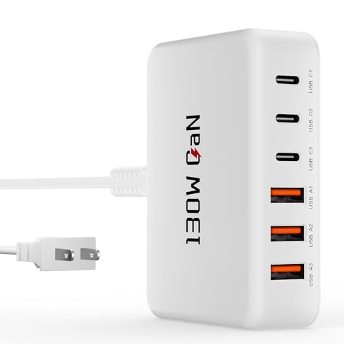 130W Charging Station for Multiple Devices, GaN 6 Port USB C Fast Charger Block for iPhone 17 16 15 14 Pro Max, iPad, Pixel, Galaxy S25 S24 S23 - color: White