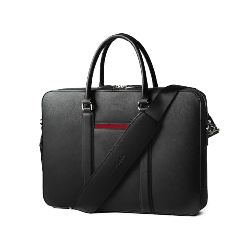 Maverick & Co. Manhattan Genuine Saffiano Leather Briefcase for Men - Slim Professional Laptop Bag for Work & Business Travel, Fits 16" Laptop (Black-Racing Red)