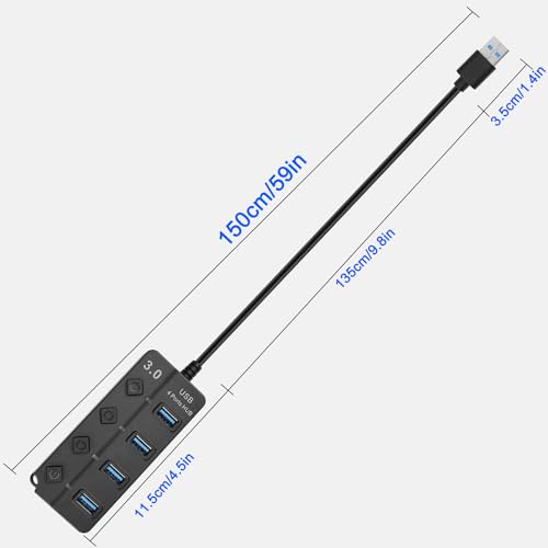 5FT 4-Port USB3.0 Expander Hub, USB 3.0 Fast Data Hub with Individual LED Power On/Off Switches, Portable USB Port Extender for PC, USB Flash Drives and More
