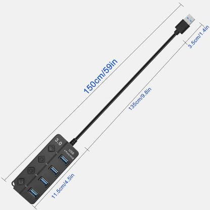 5FT 4-Port USB3.0 Expander Hub, USB 3.0 Fast Data Hub with Individual LED Power On/Off Switches, Portable USB Port Extender for PC, USB Flash Drives and More