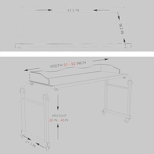 Adjustable Overbed Table, Over the Bed Table with Wheels, Medical Overbed Table with Wheels Adjustable Height, Rolling Desk for Full/Queen/King Bed, Sturdy Wood & Steel Frame (202-Black)