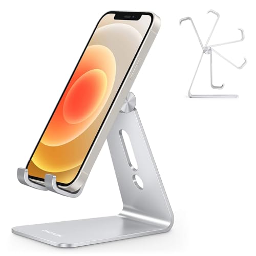 OMOTON Adjustable Cell Phone Stand, Aluminum Desktop Cellphone Stand with Anti-Slip Base and Convenient Charging Port, Fits All Smart Phones, Silver - color: Silver