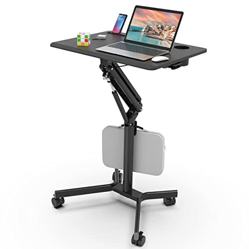 JOY worker Mobile Standing Desk, 28" Black Portable Laptop Desk with Wheels | Small Height Adjustable Rolling Sit-Stand Workstation, Slim Ergonomic Teacher Stand Up Desk with Cup Holder for Home Office - color: Black