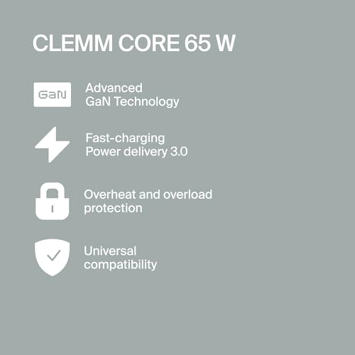 CLEMM Core USB-C, USB-A Wall Charger Block Power Adapter for MacBook, iPhone 17/16/15/14/13/12/11/X, Galaxy S24 Ultra/S23 65W Output Fast Charging, Foldable, GaN, PPS, 3.0, 3-Ports, Compact, Gray