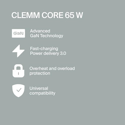 CLEMM Core USB-C, USB-A Wall Charger Block Power Adapter for MacBook, iPhone 17/16/15/14/13/12/11/X, Galaxy S24 Ultra/S23 65W Output Fast Charging, Foldable, GaN, PPS, 3.0, 3-Ports, Compact, Gray