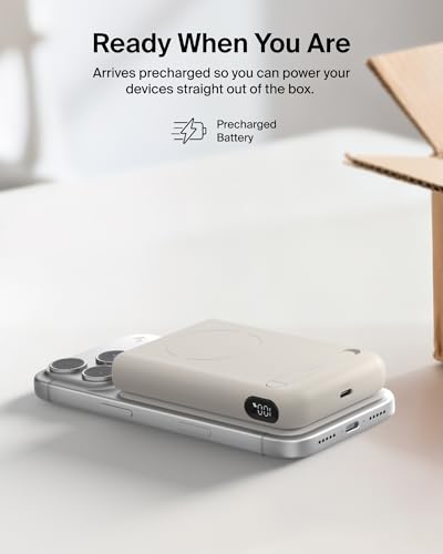 Belkin 10000mAh Qi2.2 25W MagSafe Power Bank with Kickstand and Display | Wireless Charging Battery Pack, iPhone 17, Air, Pro, Pro Max, Google Pixel 10, Digital Battery Display, Magnetic - color: Sand