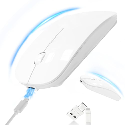 Silent Bluetooth Wireless Mouse with Jiggler, Rechargeable Portable Mouse for MacBook, iPad, Laptop & PC, Dual Mode BT5.2 and 2.4G, USB-C/USB-A Receiver, Adjustable DPI Compact Travel Mouse -White - color: White